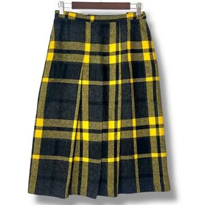 Personal Vintage Plaid 100% Wool Skirt 8 Black Yellow Pleated Midi Academia Prep